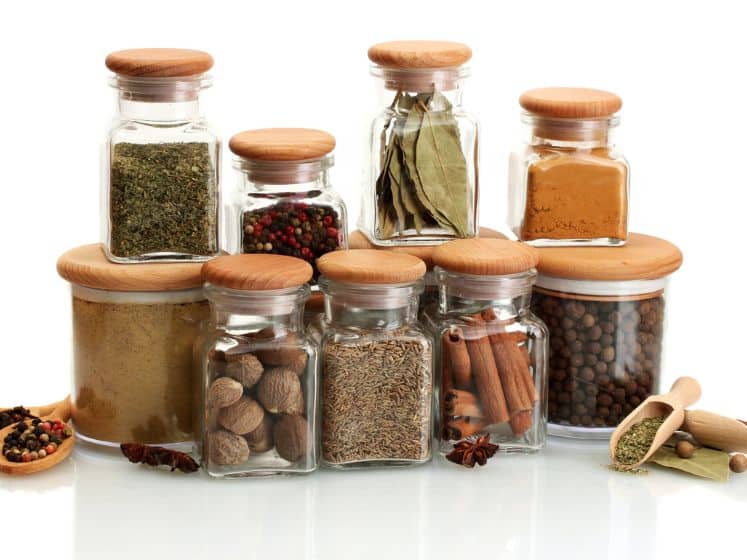 Glass containers of spices.