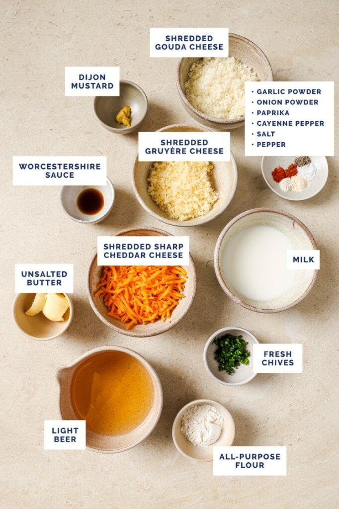 Labeled ingredients for the beer cheese dip recipe.