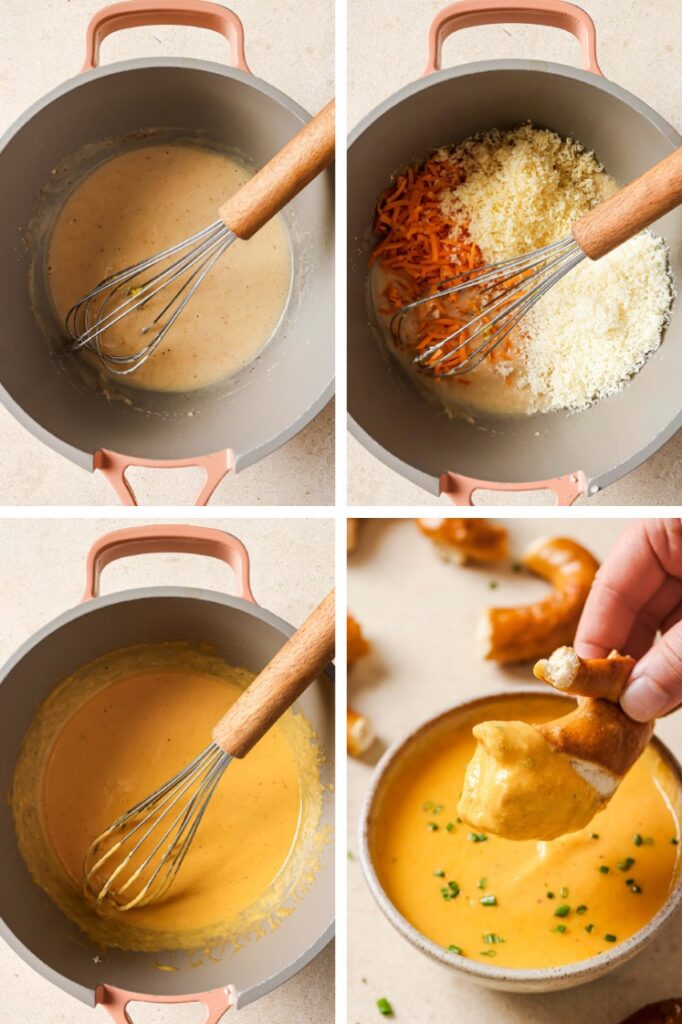 The step-by-step process of how to make the beer cheese dip recipe.