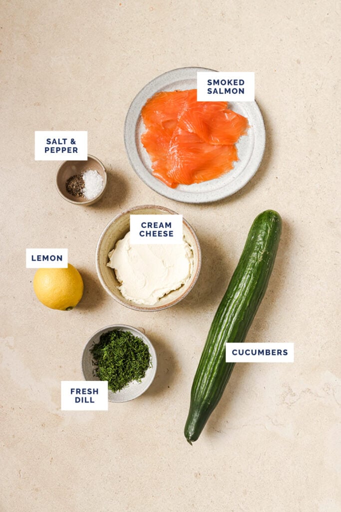 Labeled ingredients for the cucumber and dill smoked salmon appetizer recipe.