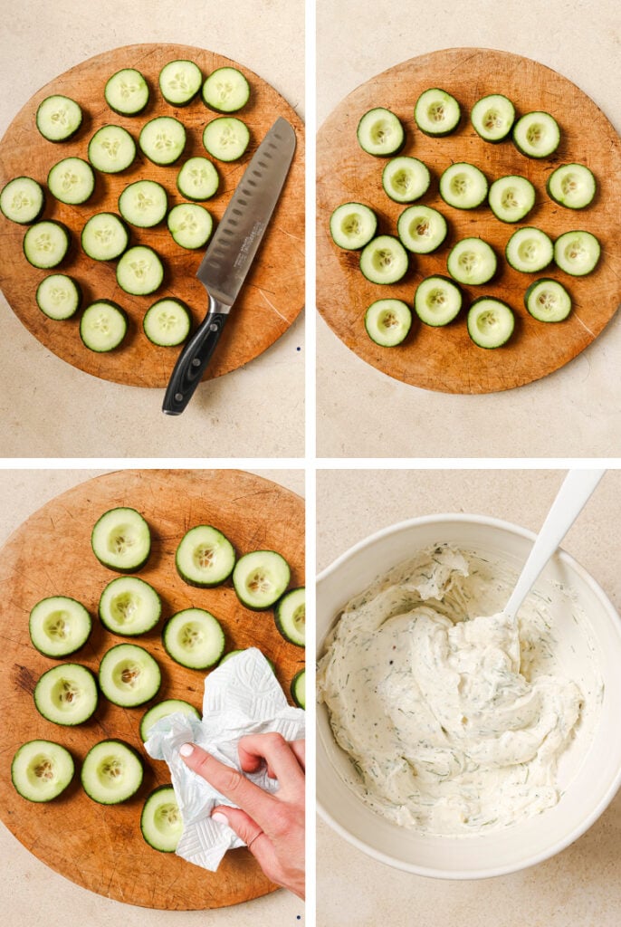 The step-by-step process of how to make the cucumber and dill smoked salmon appetizer recipe.