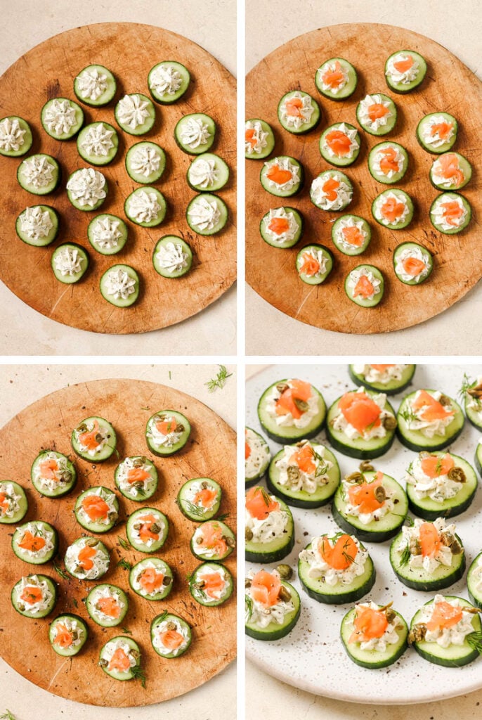 The step-by-step process of how to make the cucumber and dill smoked salmon appetizer recipe.