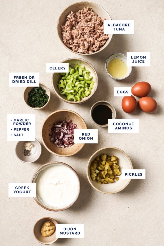 Labeled ingredients for the tuna egg salad recipe.