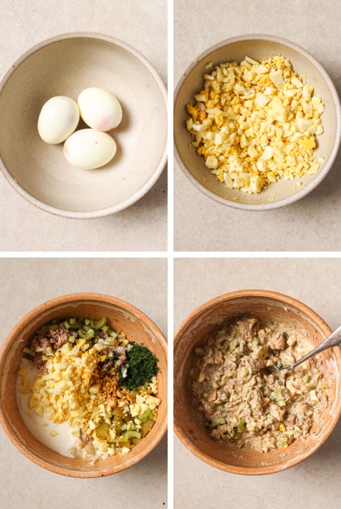 The step-by-step process of how to make the tuna egg salad recipe.