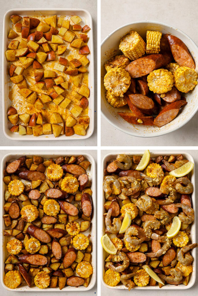 The step-by-step process of how to make the sheet pan shrimp boil recipe.