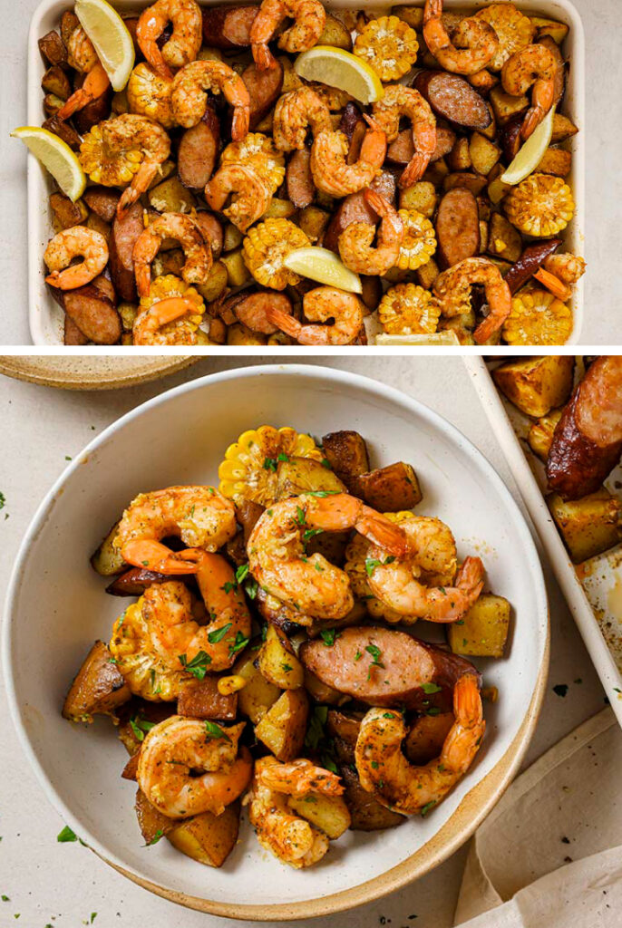 The step-by-step process of how to make the sheet pan shrimp boil recipe.