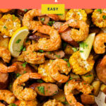 Pinterest graphic for the sheet pan shrimp boil recipe.