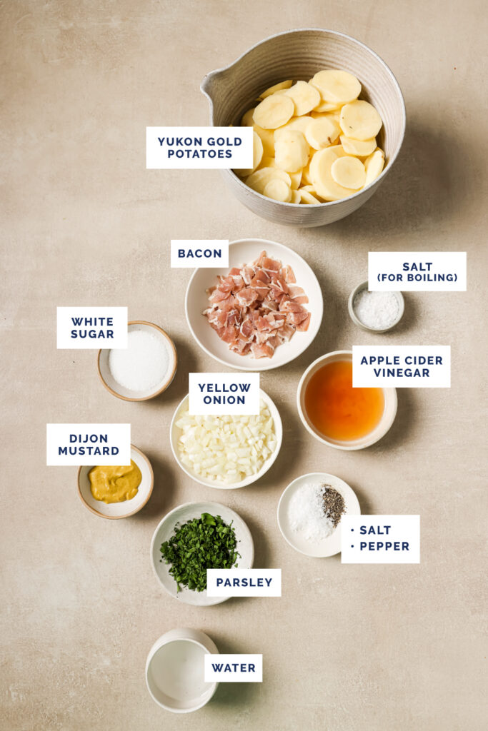 Labeled ingredients for the German potato salad recipe.