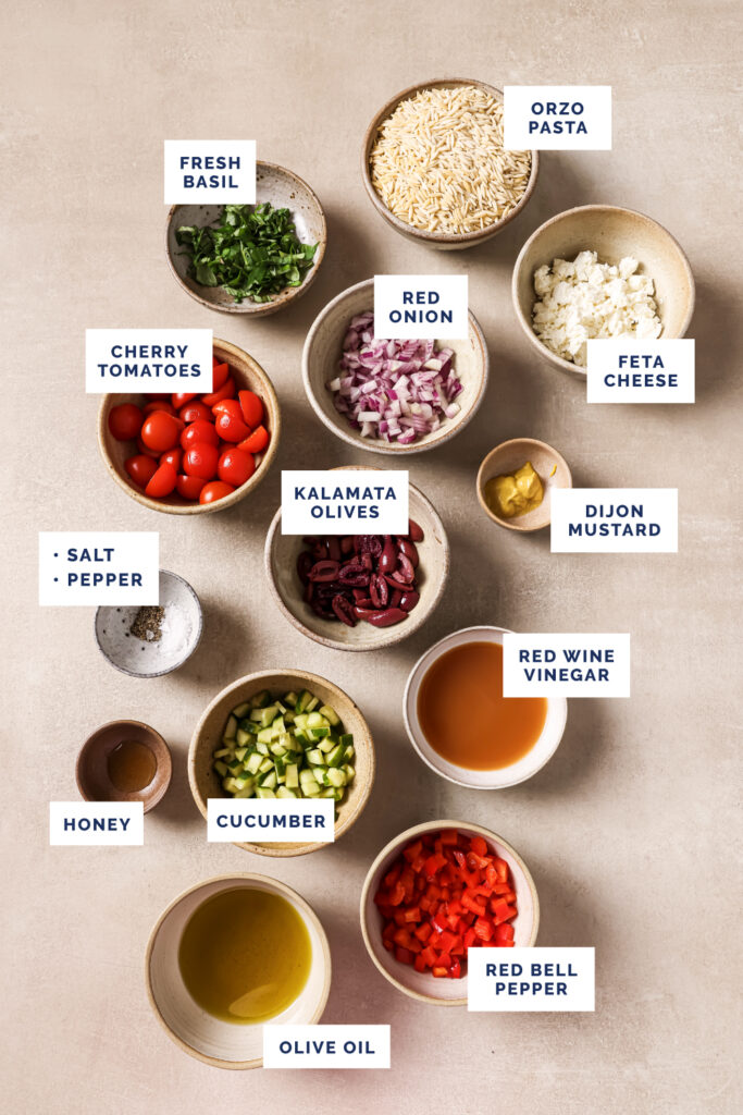 Labeled ingredients for the Italian orzo pasta salad recipe.