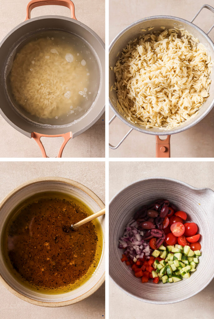 The step-by-step process of how to make the Italian orzo pasta salad recipe.