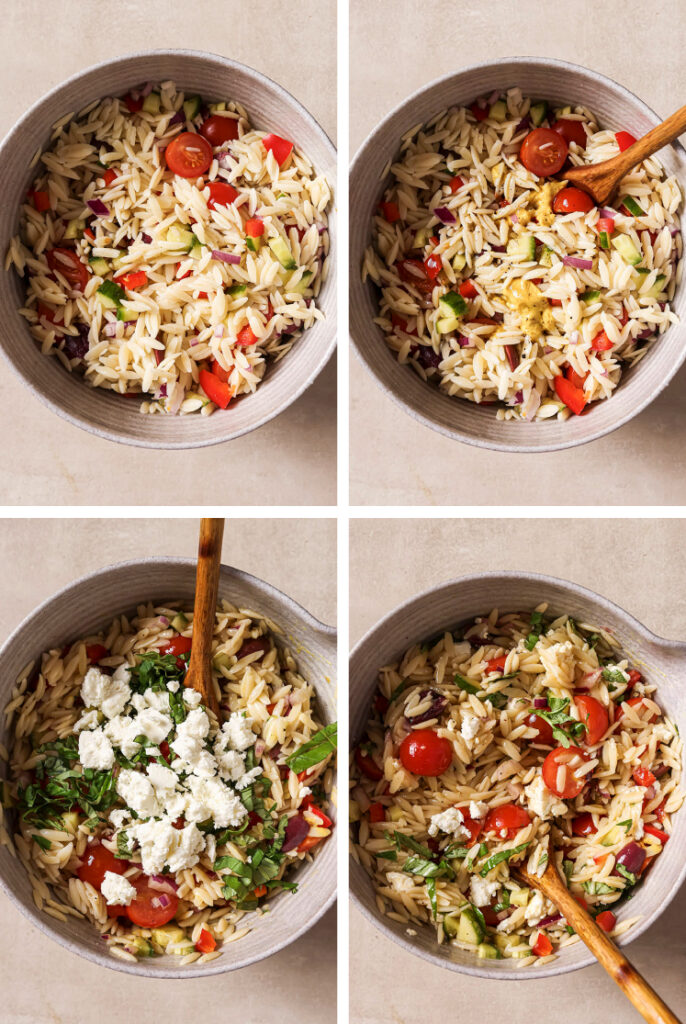 The step-by-step process of how to make the Italian orzo pasta salad recipe.