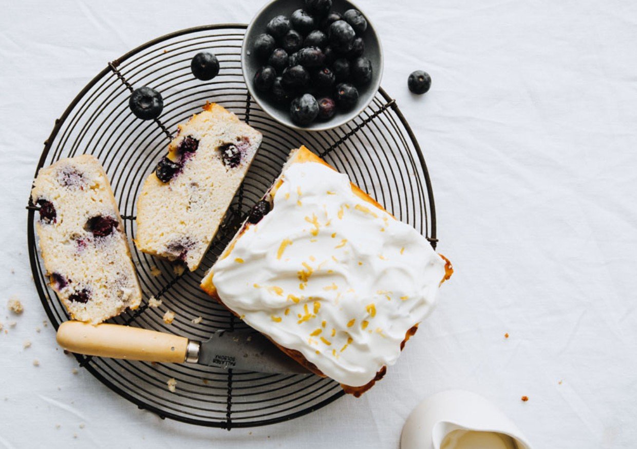 A loaf of keto lemon blueberry bread.