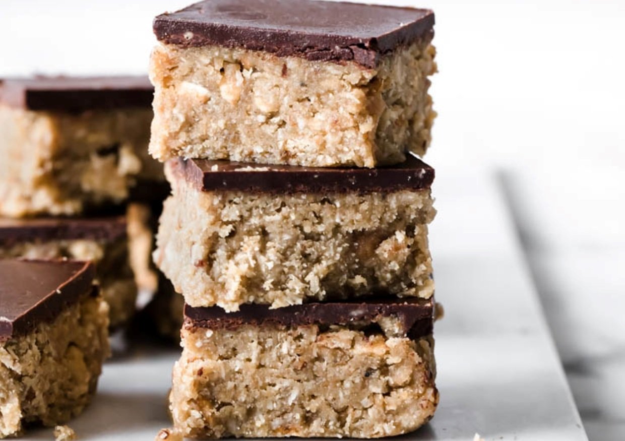 A stack of keto rice krispie treats scotcheroos.