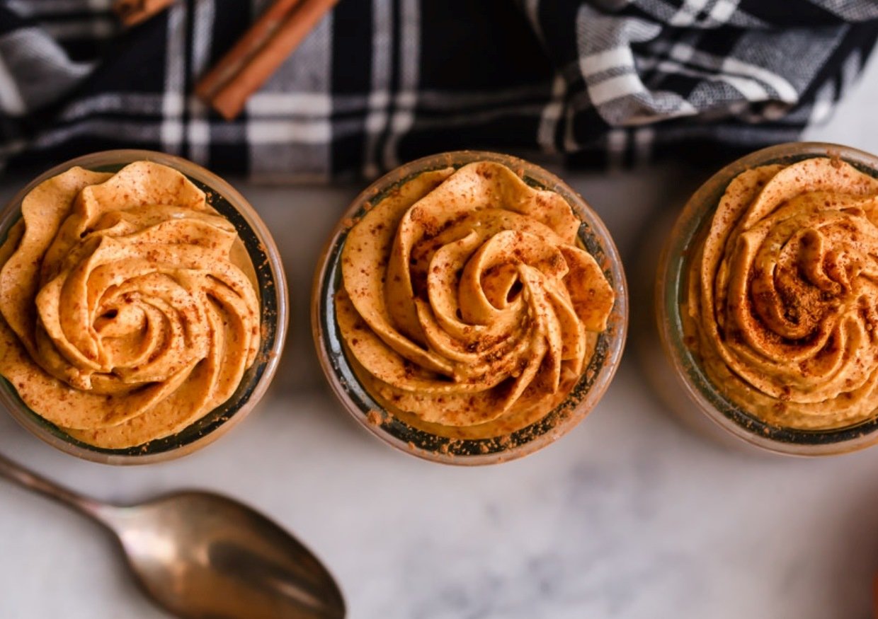 Three jars of pumpkin keto cheesecake fluff.