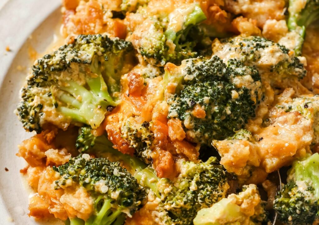 Broccoli casserole served on a plate.