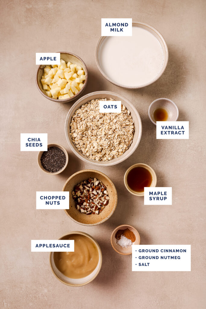 Labeled ingredients for the overnight apple pie oats recipe.