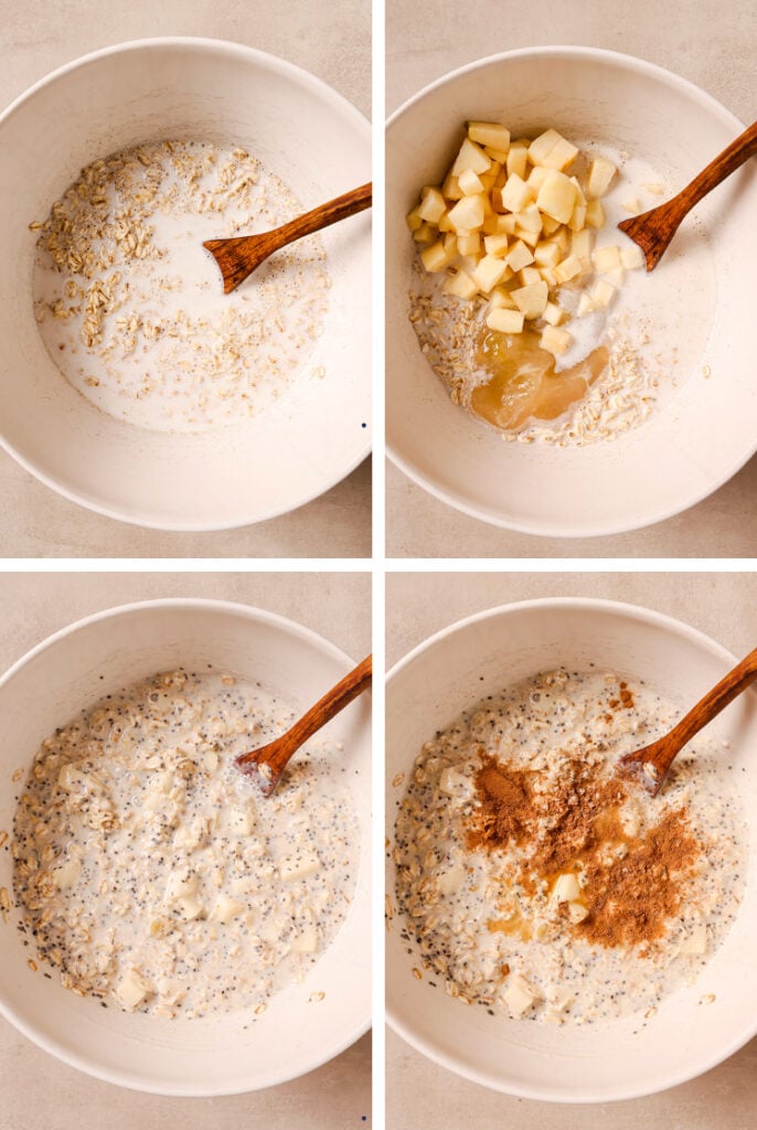 The step-by-step process of how to make the overnight apple pie oats recipe.