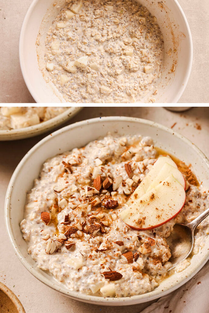 The step-by-step process of how to make the overnight apple pie oats recipe.