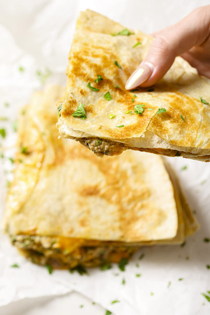 Garnished tuna melt quesadilla held by a hand.