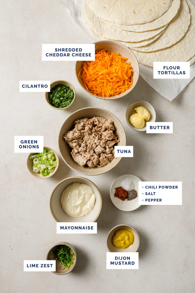 Labeled ingredients for the tuna melt quesadillas recipe.