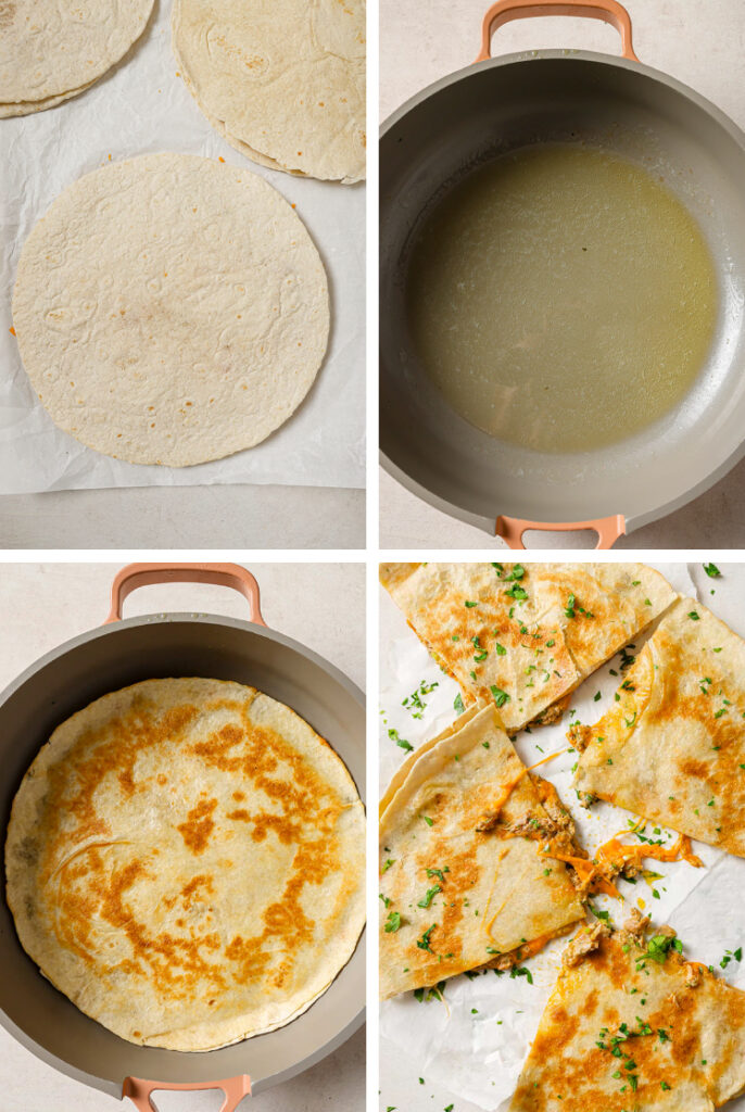 The step-by-step process of how to make the tuna melt quesadillas recipe.