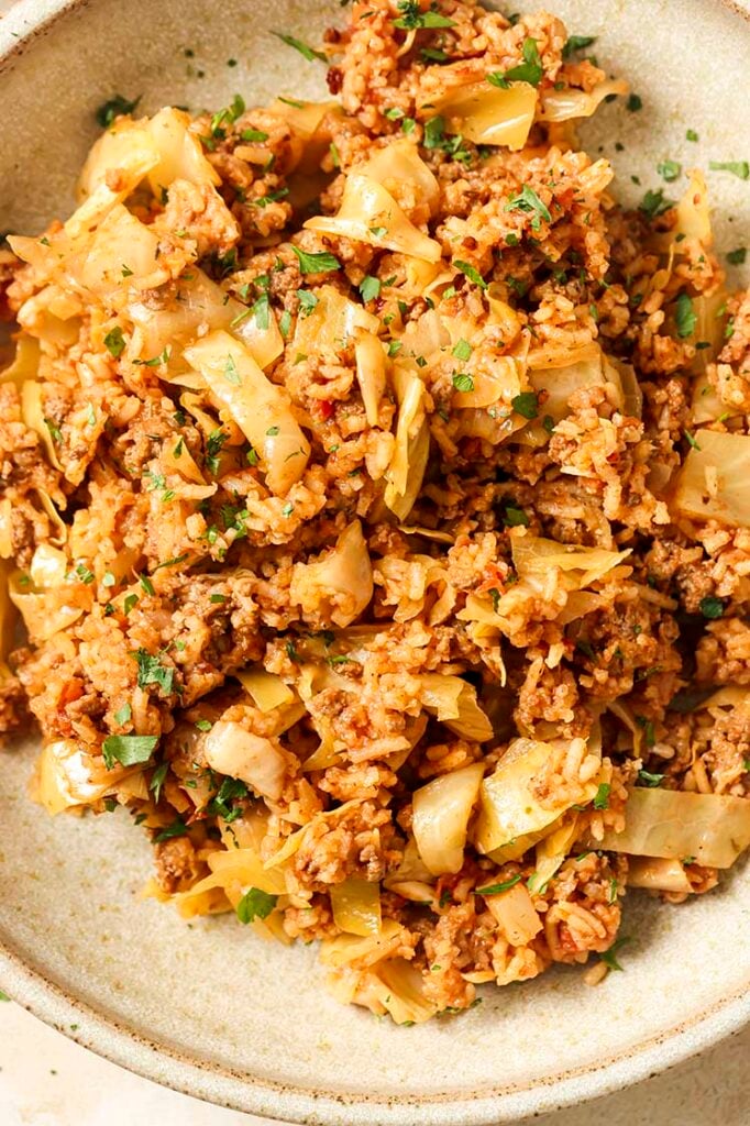 A plate of unstuffed cabbage rolls.