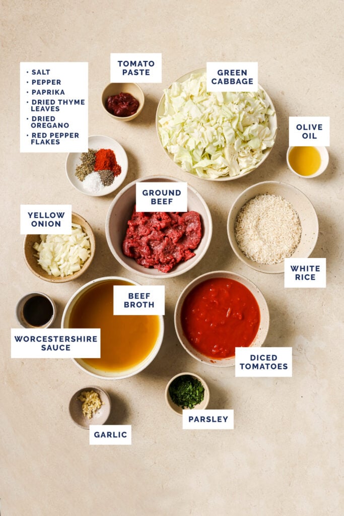 Labeled ingredients for the unstuffed cabbage rolls recipe.