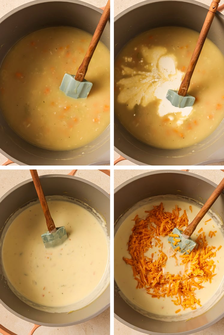The step-by-step process of how to make the Wisconsin beer cheese soup recipe.