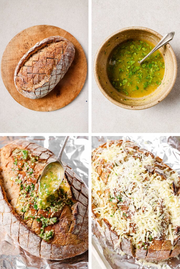 The step-by-step process of how to make the cheesy garlic pull apart bread recipe.