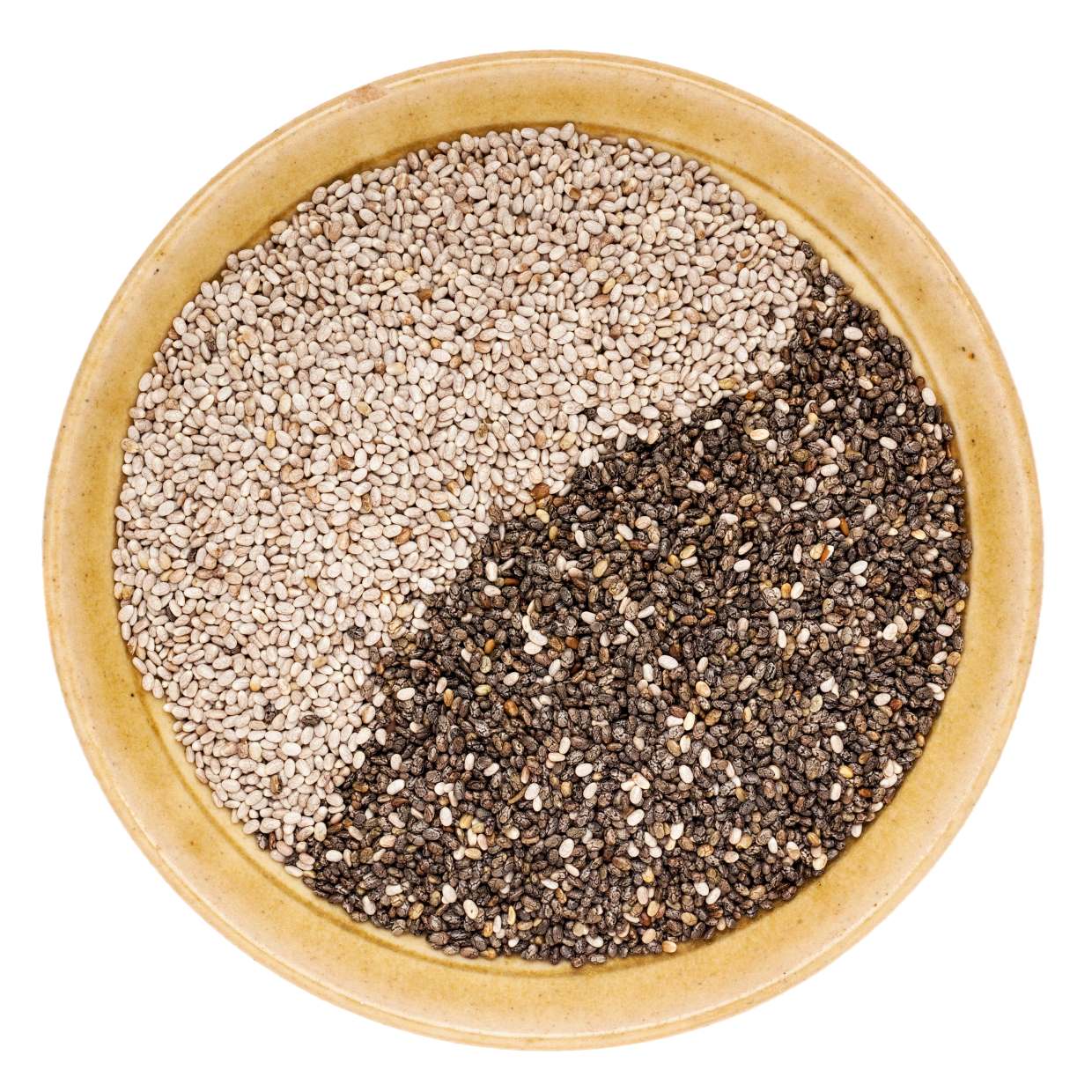 A bowl containing equal portions of white sesame seeds and black chia seeds, arranged in yin-yang style, creating a visually appealing contrast within the circular dish.