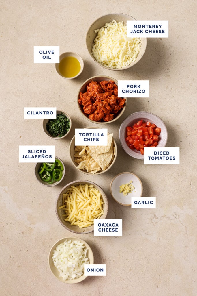 Labeled ingredients for the queso fundido recipe.