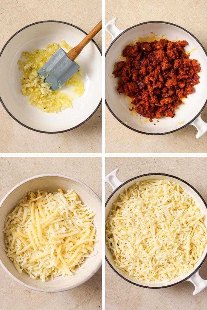 The step-by-step process of how to make the queso fundido recipe.