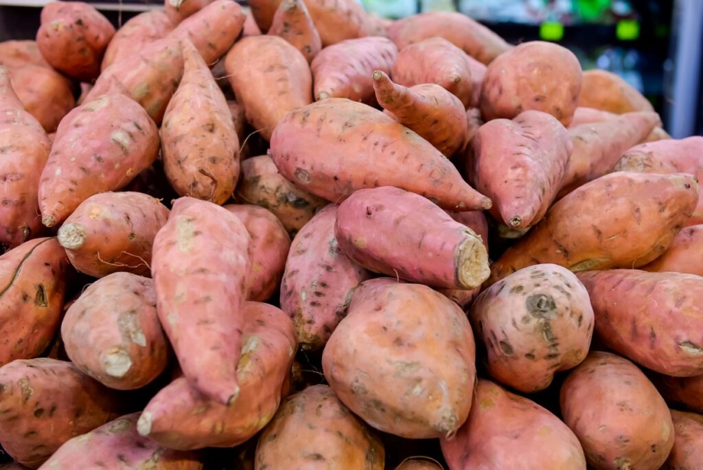 A pile of raw sweet potatoes in a grocery store.