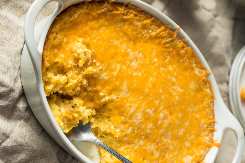 A baked dish of cheesy cornbread casserole with a golden crust is shown. A serving spoon rests in the dish, revealing a creamy interior. The casserole is set on a textured cloth.