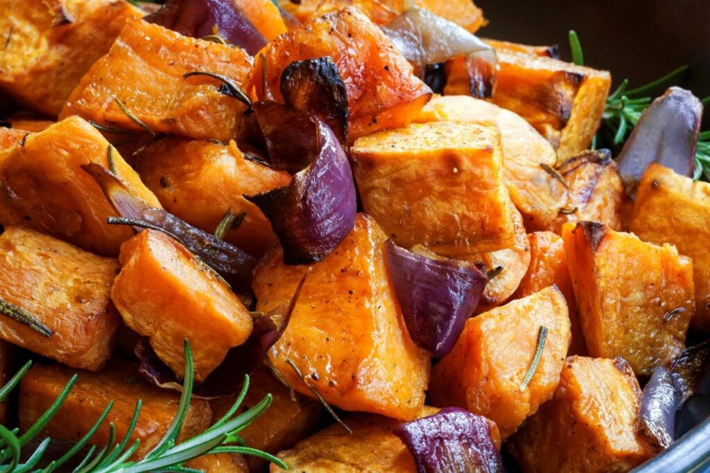 Roasted cubed sweet potatoes.