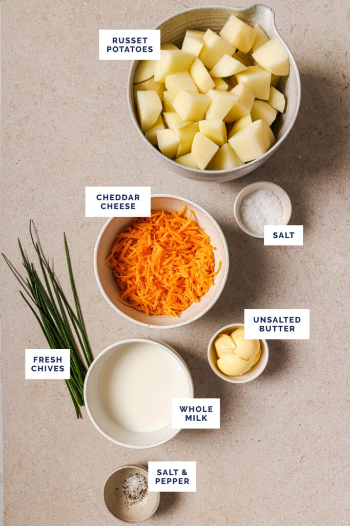 Labeled ingredients for the cheddar and chive mashed potatoes recipe.