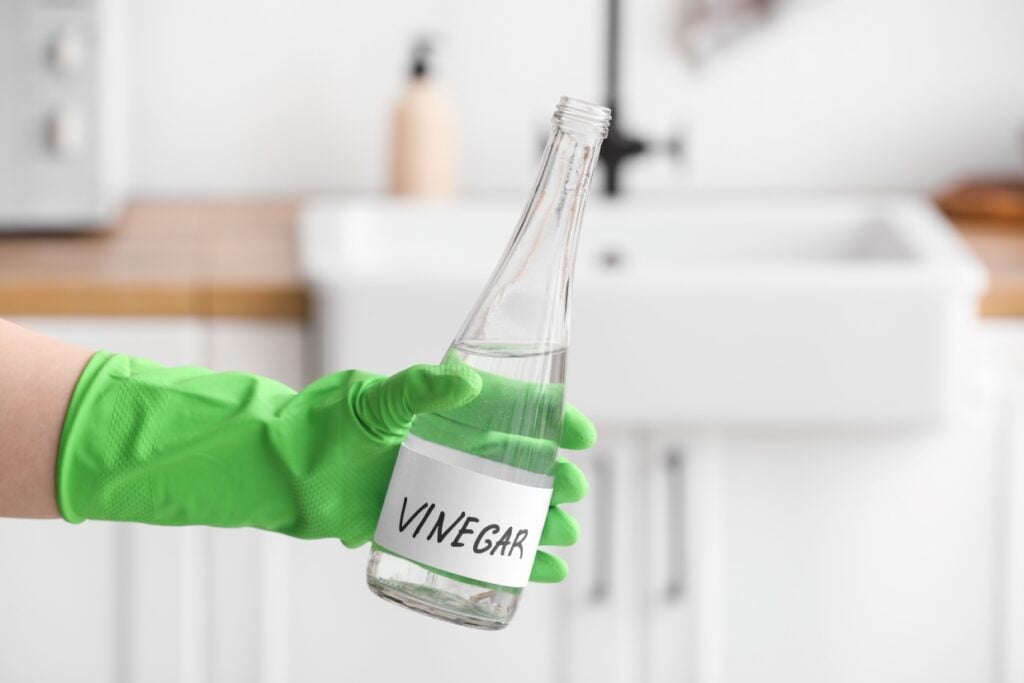 A person in a green rubber glove holds a glass bottle labeled "Vinegar" in a kitchen setting with a sink and countertop in the background.