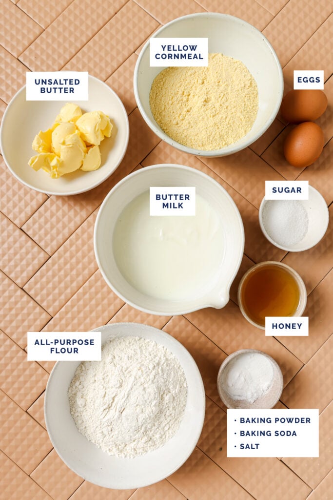 Labeled ingredients for the honey butter skillet cornbread recipe.