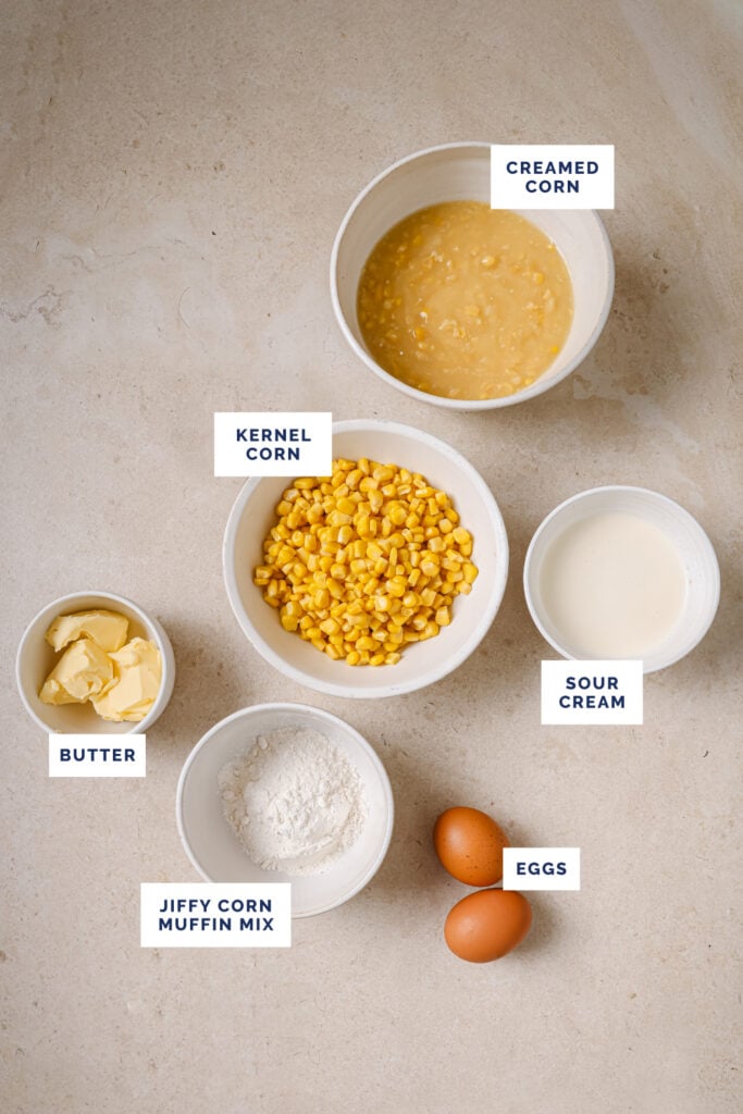 Labeled ingredients for the Jiffy corn casserole recipe.