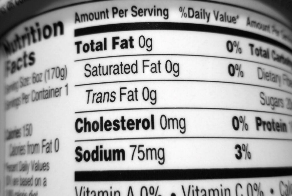 Close-up of a nutrition facts label showing total fat 0g, saturated fat 0g, trans fat 0g, cholesterol 0mg, and sodium 75mg (3% daily value).