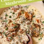 A skillet with chicken pieces in a creamy mushroom sauce, garnished with herbs. The dish includes chunks of mushrooms and sun-dried tomatoes. The top of the image features text: "Chicken with Creamy Mushroom Sauce, 30 Minute Recipe.