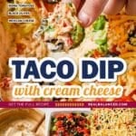 A hand dips a chip into a creamy, colorful taco dip with toppings like cheese, olives, and lettuce. Below are ingredient labels, a “Taco Dip with Cream Cheese” title, and photos showing dip preparation steps.