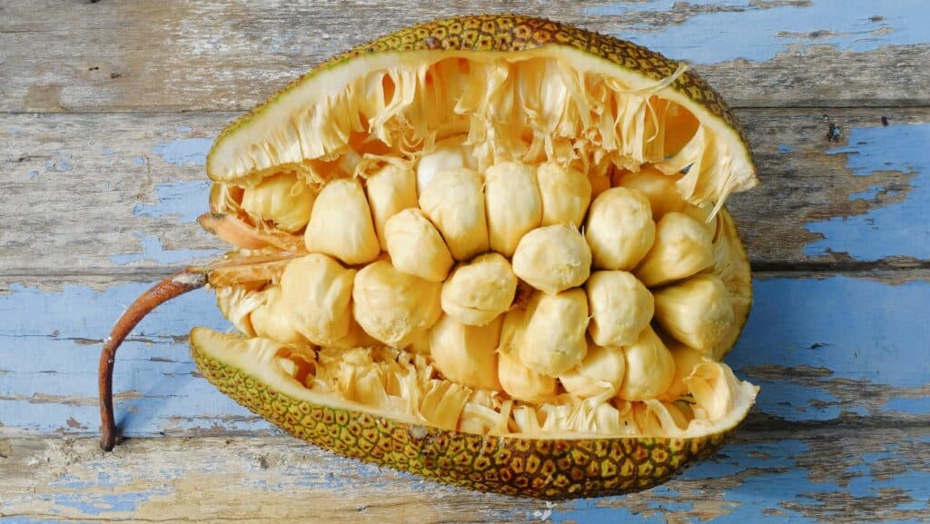 A ripe jackfruit split open on a rustic wooden surface, revealing clusters of yellow, fleshy pods inside.