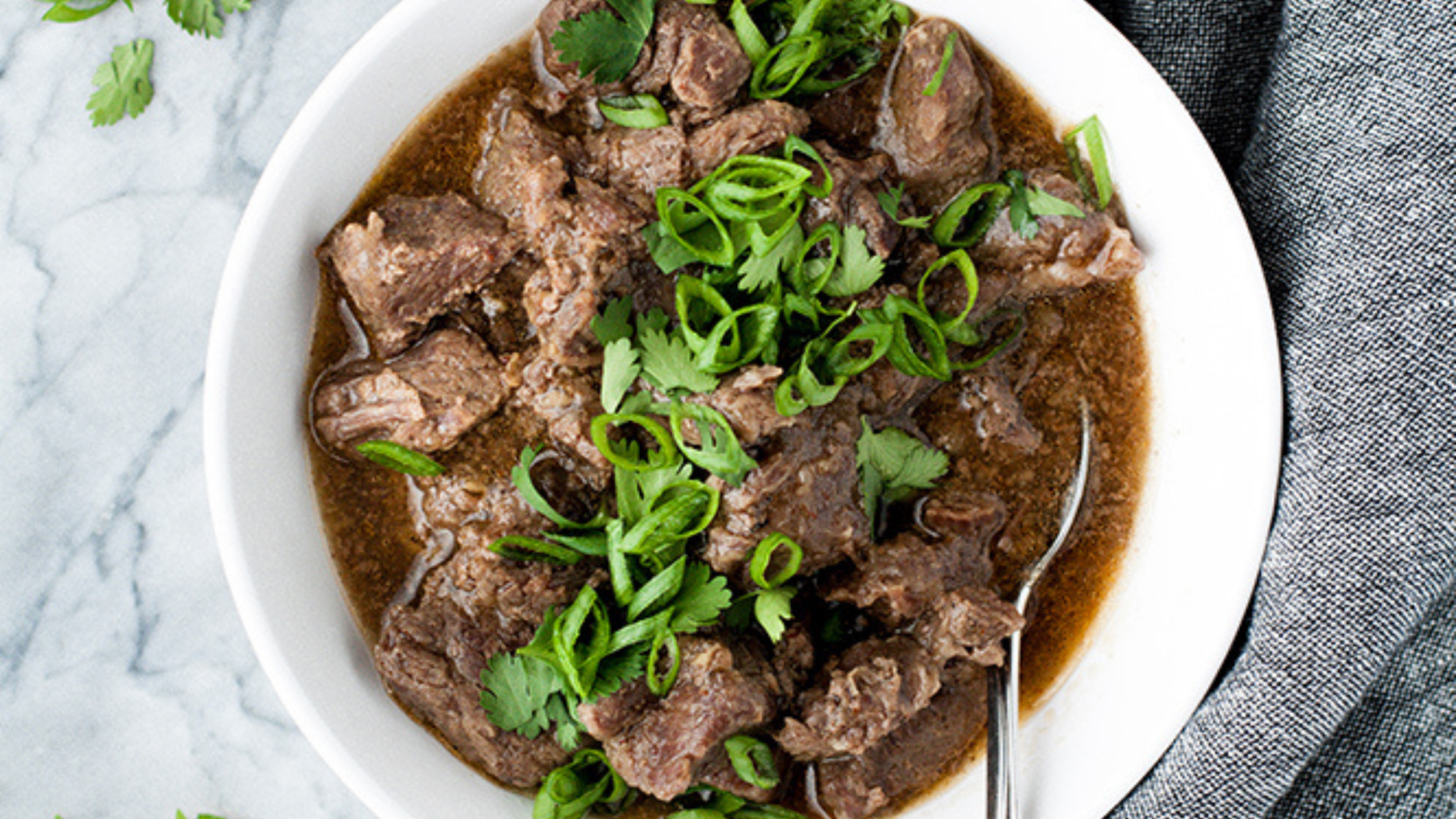 Bowl of Korean barbecue beef with sliced green onions and cilantro, featuring tender beef chunks in dark savory sauce with a spoon.