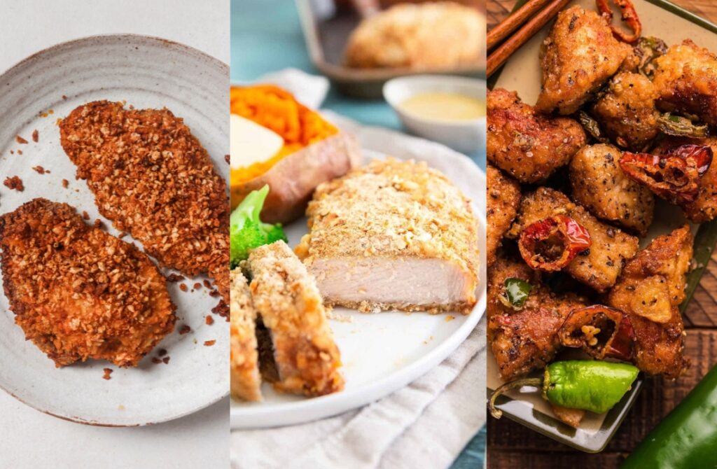 Three separate plates of pork dishes: the left shows breaded pork chops on a white plate, the center features a sliced prok chop with sides, and the right displays spicy fried pork chop pieces with peppers.