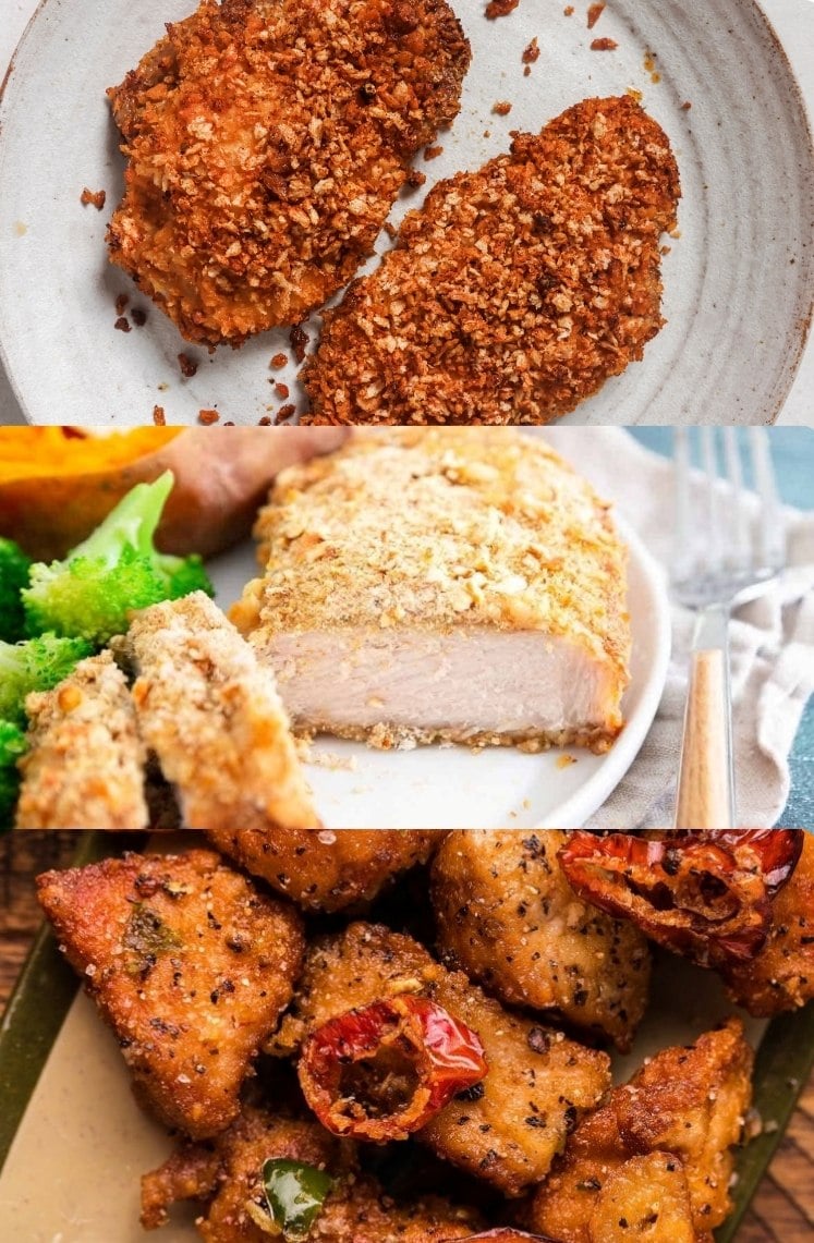 Three images of pork chop dishes: the top shows two breaded pork chops, the middle has a sliced golden-brown pork chop with vegetables, and the bottom displays spicy, saucy pork chop pieces with red chili peppers.