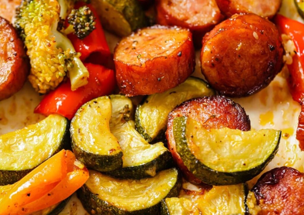 Sliced sausage, zucchini, broccoli, and red bell peppers are roasted together, lightly browned and seasoned, creating a colorful and appetizing dish.