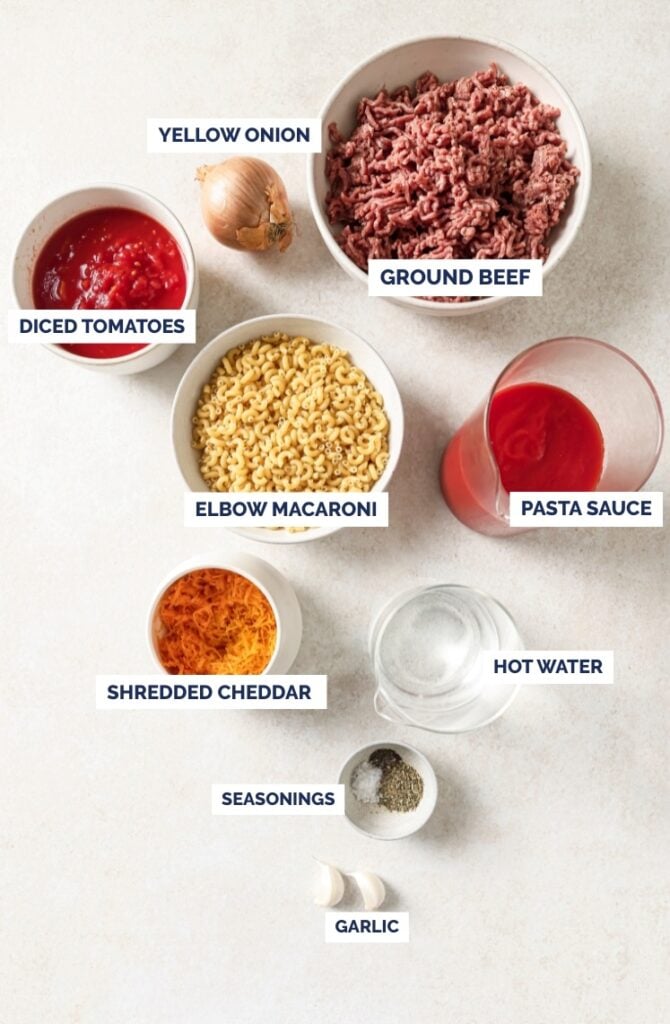 Top-down view of labeled ingredients on a white surface: yellow onion, ground beef, diced tomatoes, elbow macaroni, pasta sauce, shredded cheddar cheese, hot water, seasonings, and garlic.