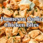 A skillet filled with golden-brown chicken bites garnished with parsley and grated parmesan cheese. A green spatula is stirring the chicken. Text reads “Parmesan Garlic Chicken Bites.”.