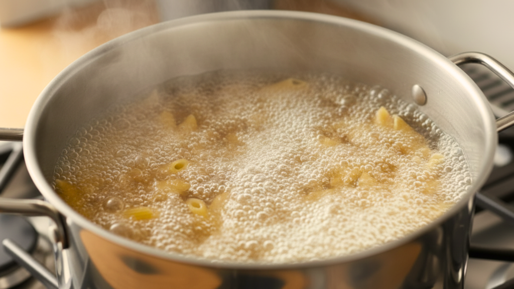Pasta boiling in a stainless steel pot of vigorously bubbling water on a stovetop.